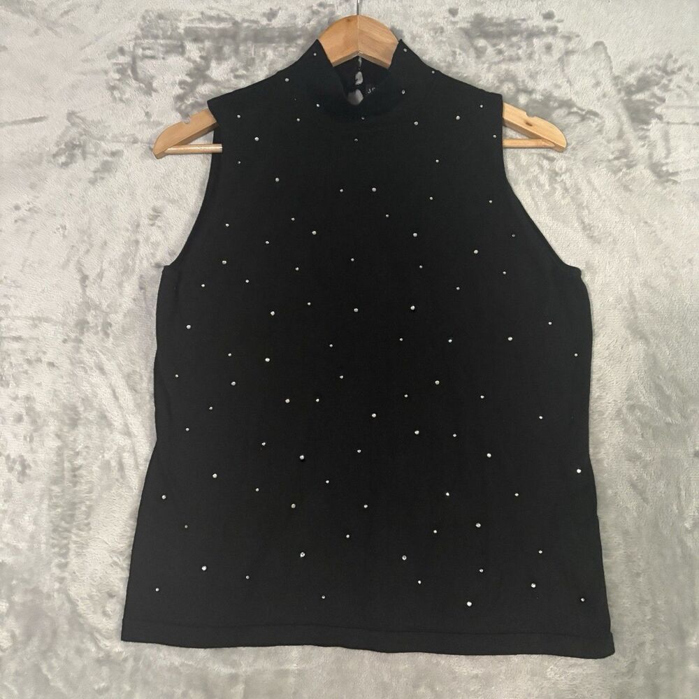 Josephine Chaus Black Sleeveless Mock Neck Silk Blend Knit Size M Rhinestones